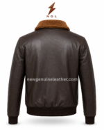Brown sherpa jacket back pose with plain dark brown leather panel, tan collar, ribbed waistband