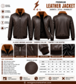 Brown sherpa jacket detail showing tan textured collar, smooth dark leather grain, metal zipper, and clean stitching.