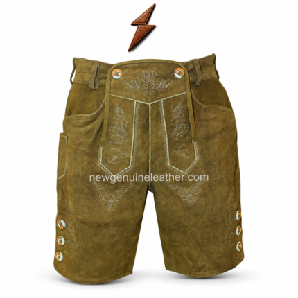 Brown suede Oktoberfest lederhosen shorts with traditional back stitching, decorative embroidery, belt loops, rear pocket flap, and white studio background