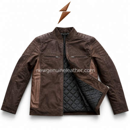 Brown two tone leather biker jacket with ribbed shoulder panels, horizontal chest zipper pockets, vertical side pockets, and full front zipper