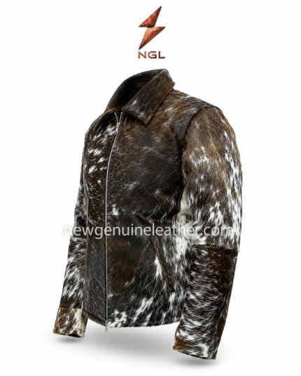 Brown white hair leather jacket with natural hide pattern, shirt collar, and front zipper