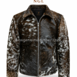 Brown white hair leather jacket product specs image with zipper closure and side waist pockets