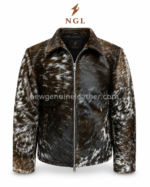 Brown white hair leather jacket product specs image with zipper closure and side waist pockets