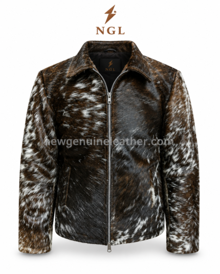 Brown white hair leather jacket product specs image with zipper closure and side waist pockets