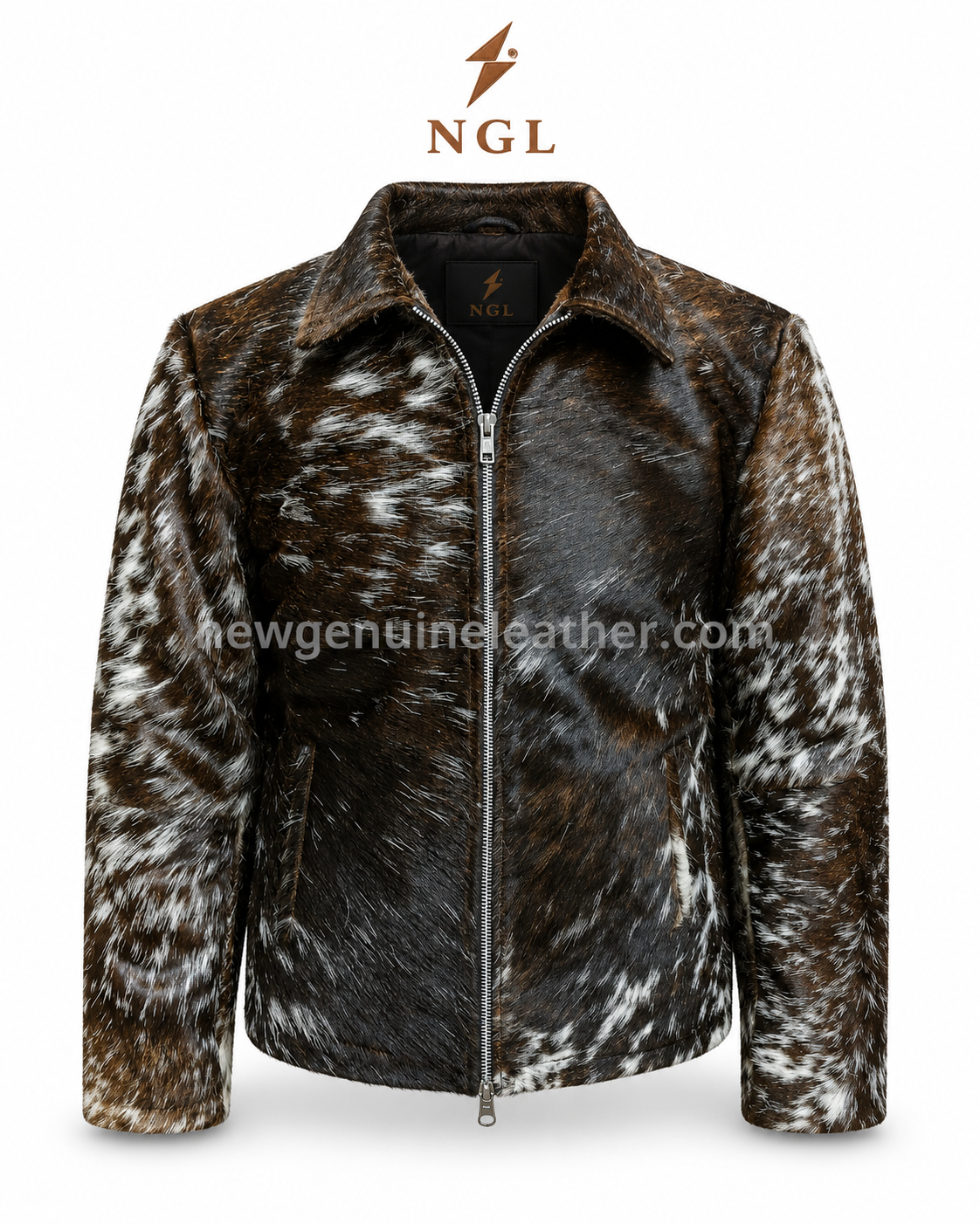 Brown White Hair Leather Jacket Front View Brown white hair leather jacket product specs image with zipper closure and side waist pockets