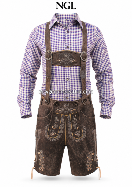 Brown embroidered leather lederhosen with purple white check shirt and adjustable suspenders