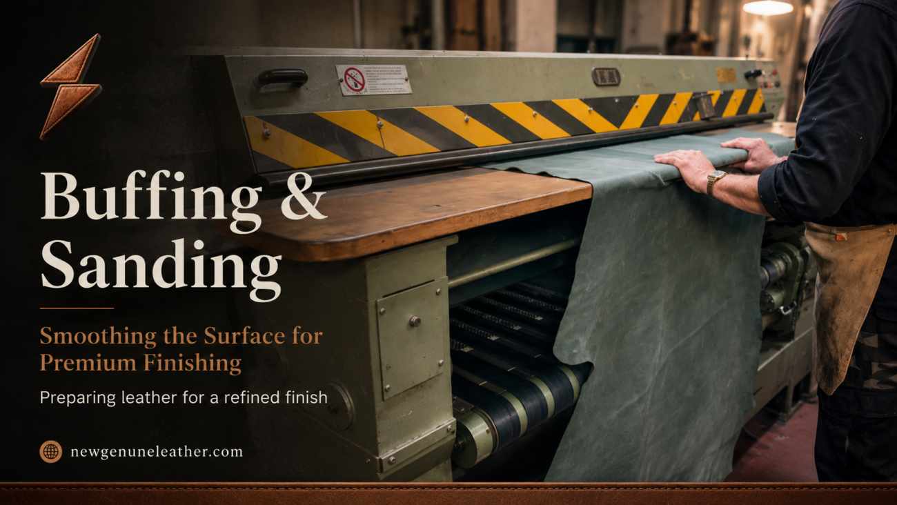 Leather hide being buffed and sanded to smooth the surface before premium finishing at newgenuneleather.com