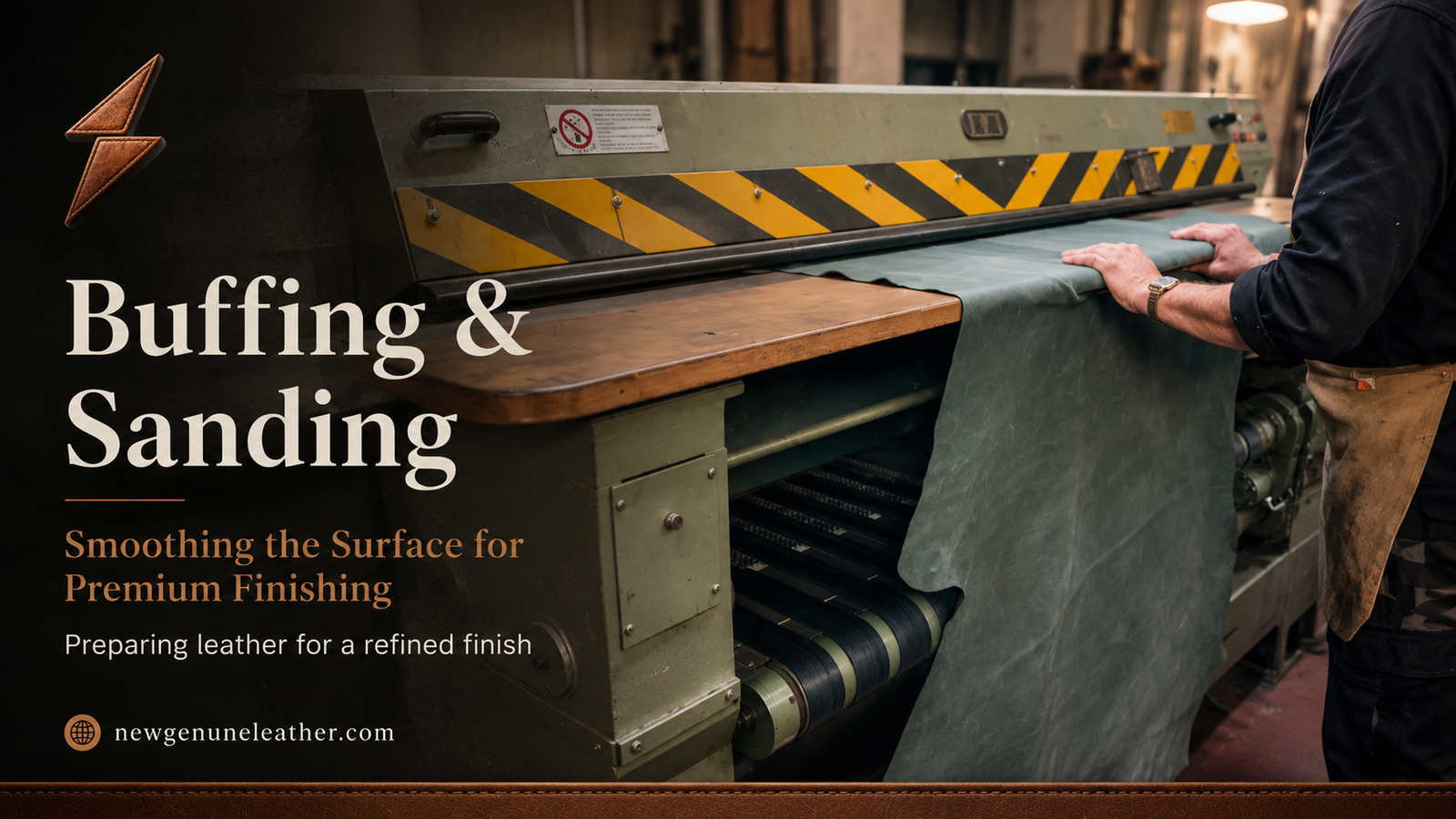 Leather hide being buffed and sanded to smooth the surface before premium finishing at newgenuneleather.com