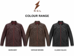 Burgundy stand collar leather jacket wholesale catalog image with chest flap pocket, side hand pockets