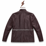 Burgundy stand collar leather jacket wholesale design with four front pockets, stitched panels