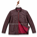 Burgundy stand collar leather jacket wholesale image featuring smooth leather surface, red zipper closure