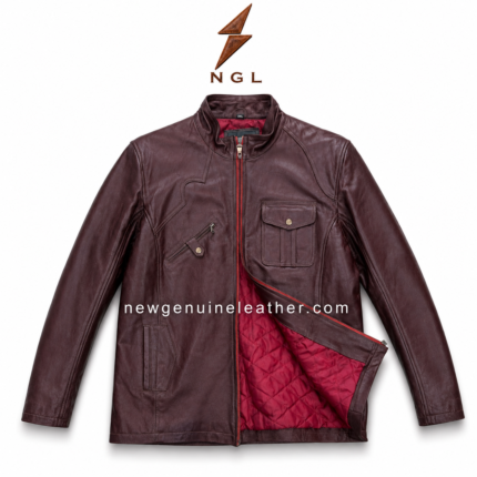 Burgundy stand collar leather jacket wholesale image featuring smooth leather surface, red zipper closure