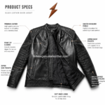 Brown custom leather biker jacket with quilted shoulder panels, ribbed sleeve detailing, zipper pockets, and vintage leather finish