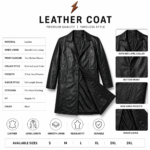 Brown men’s leather long coat with vintage leather texture, button front, lapel collar, stitched panels, and smooth inner lining