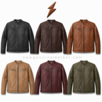 Brown quilted shoulder leather jacket with diamond shoulder stitching, front zipper closure, and modern biker-style panel design