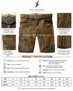 Antique tan leather lederhosen shorts with side pocket flap and floral embroidery