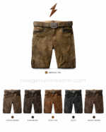 Antique tan leather lederhosen shorts with button hem detail for Oktoberfest wear