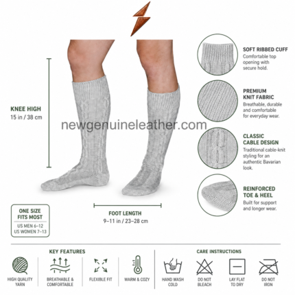 Cable knit lederhosen socks in light grey knee-high style with ribbed cuff and traditional Bavarian texture
