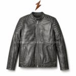 Vintage black cafe racer leather jacket with distressed leather finish, quilted shoulder panels, front zipper, and NGL logo placement