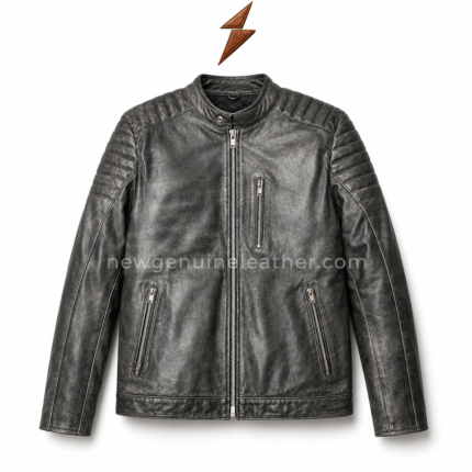 Vintage black cafe racer leather jacket with distressed leather finish, quilted shoulder panels, front zipper, and NGL logo placement