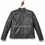 OEM charcoal cafe racer leather jacket displayed on a white background with front zipper, chest pocket