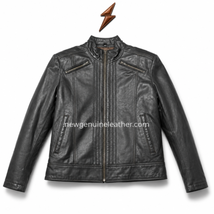 OEM charcoal cafe racer leather jacket displayed on a white background with front zipper, chest pocket
