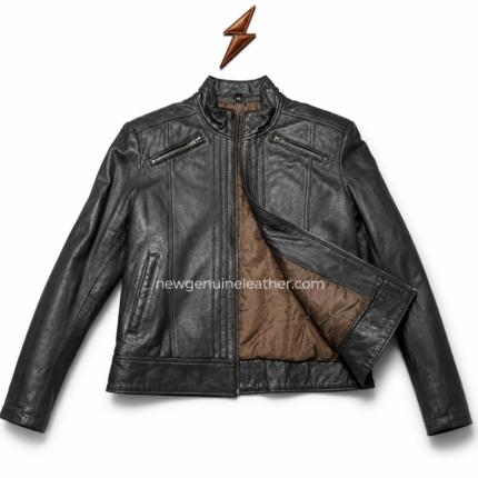 Men’s charcoal cafe racer leather jacket with band collar, clean panel stitching, dark leather finish