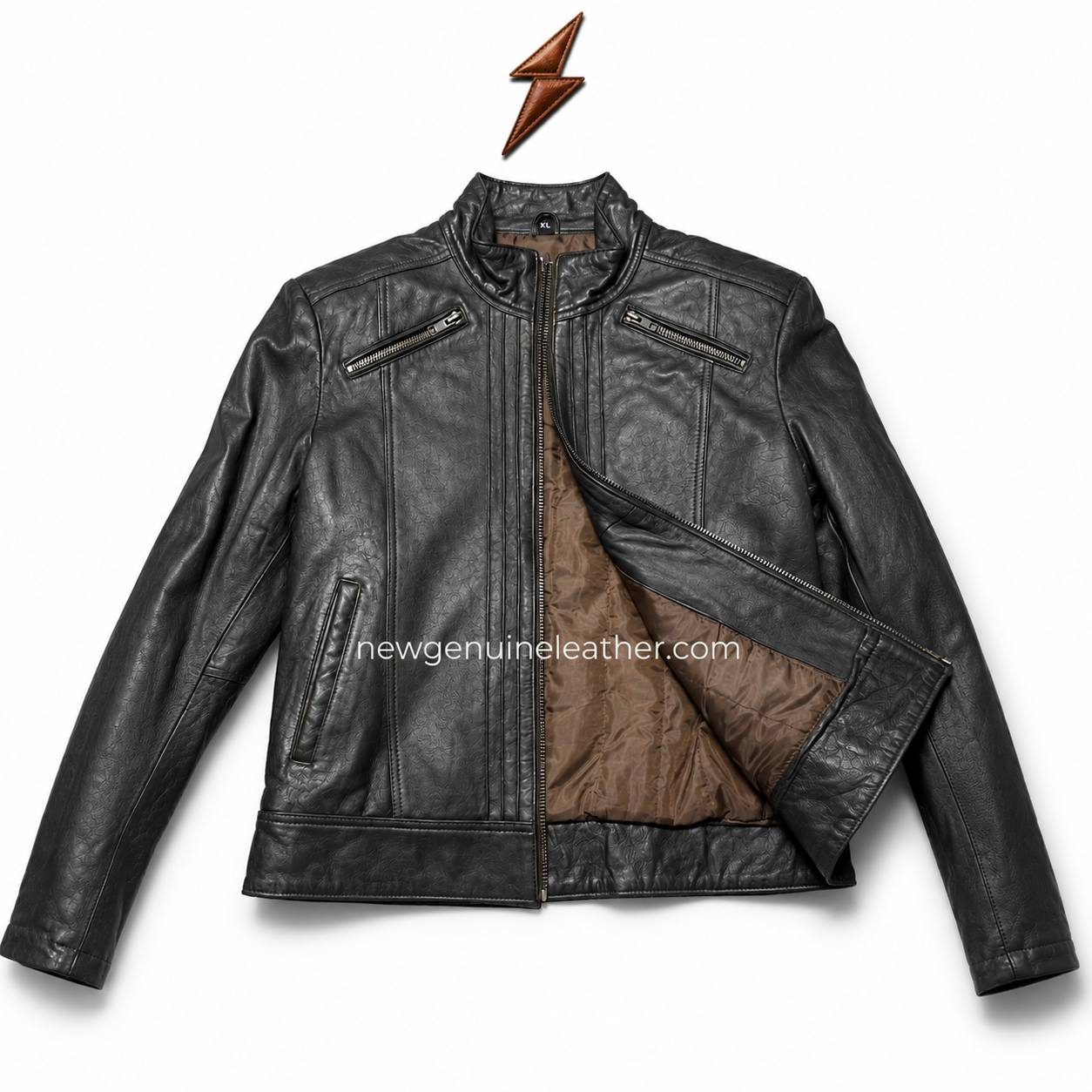 Charcoal Leather Jacket with Brown Lining Men’s charcoal cafe racer leather jacket with band collar, clean panel stitching, dark leather finish