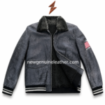 Charcoal shearling bomber jacket front view with distressed grey shell, black plush collar