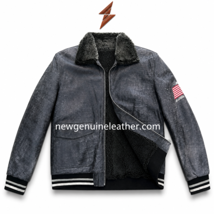 Charcoal shearling bomber jacket front view with distressed grey shell, black plush collar