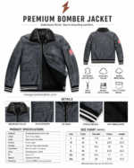 Charcoal shearling bomber jacket back view with stitched panels, rib-knit striped