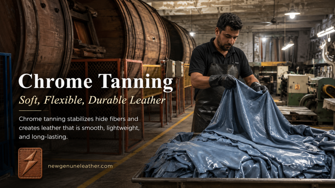 Chrome-tanned leather hides being processed in a tannery drum to create soft, flexible, and durable leather at newgenuneleather.com