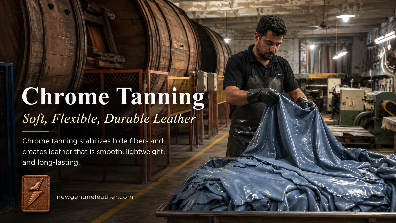 Chrome-tanned leather hides being processed in a tannery drum to create soft, flexible, and durable leather at newgenuneleather.com