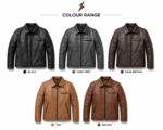 Classic leather jacket color range display with shirt collar, front zipper, and slanted zipper pockets