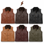 Black shearling leather vest with glossy leather finish, dark collar, brass button hardware, and front pocket panel construction