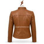 Cognac racer jacket inner view showing open front zipper, smooth brown lining, quilted shoulders and centered