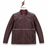 Burgundy stand collar leather jacket wholesale style showing red quilted lining, angled zip pocket