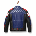 Patriotic racing leather jacket wholesale front view with blue star-print yoke, black panels and red white striped sleeves