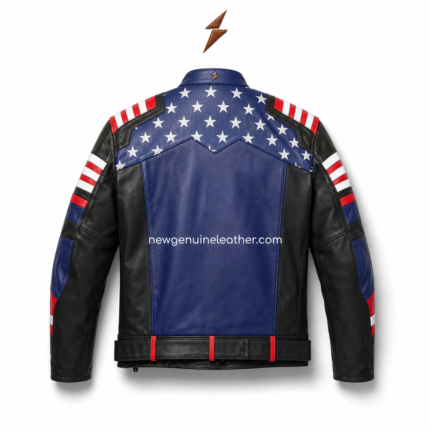 Patriotic racing leather jacket wholesale front view with blue star-print yoke, black panels and red white striped sleeves