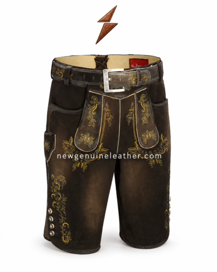 Embroidered leather lederhosen shorts shown in dark brown, black, antique brown, and tan colour range