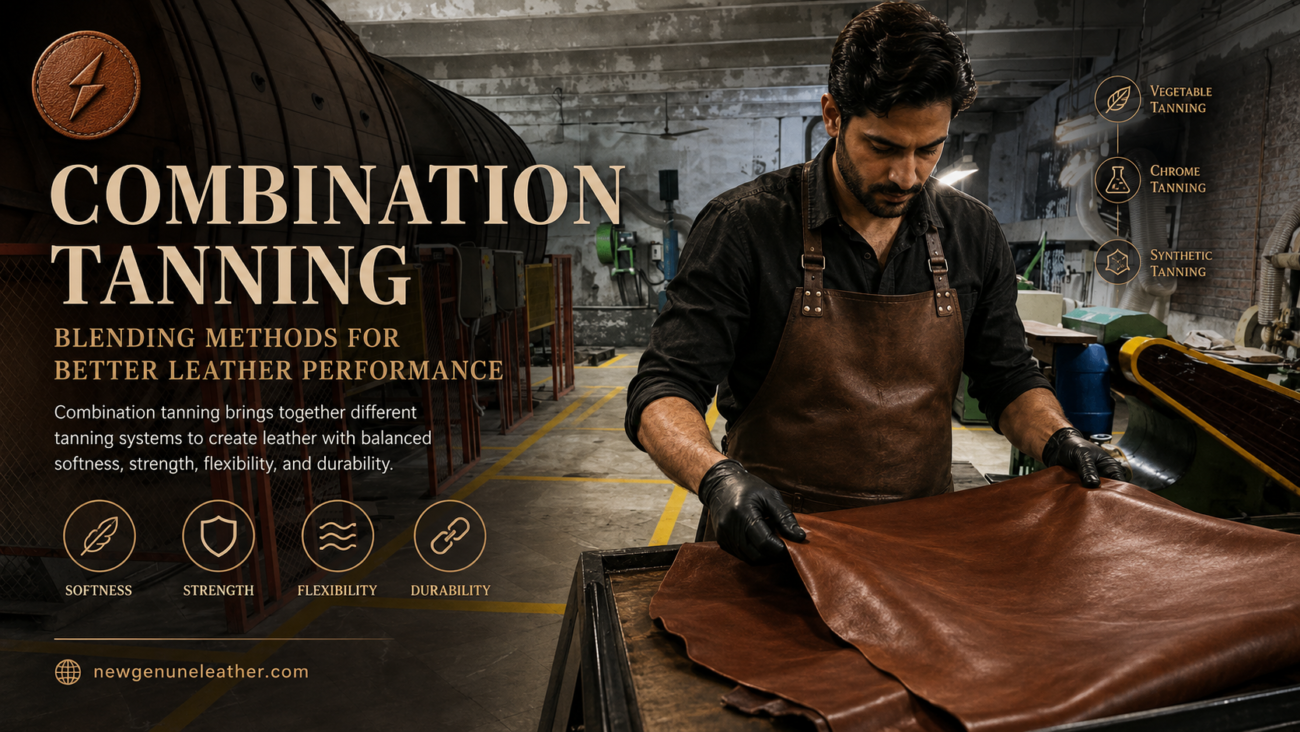 Combination-tanned leather hides being processed with different tanning methods to create strong, soft, and premium leather at newgenuneleather.com