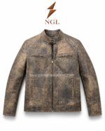 Cracked leather jacket wholesale with tan-brown distressed finish, stand collar, and front zipper