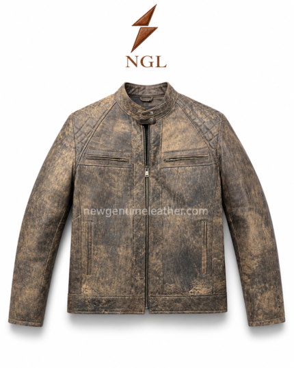 Cracked leather jacket wholesale with tan-brown distressed finish, stand collar, and front zipper