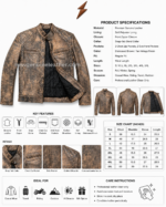Cracked leather jacket wholesale product specs image with quilted shoulders and chest zipper pockets
