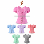 Pink gingham dirndl blouse with fitted waist, ruffle sleeve cuffs, decorative lace neckline, button front, and professional studio product layout
