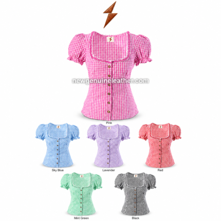 Pink gingham dirndl blouse with fitted waist, ruffle sleeve cuffs, decorative lace neckline, button front, and professional studio product layout