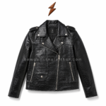 Front view of crocodile embossed biker jacket with black textured panels, shoulder epaulettes, zip pockets
