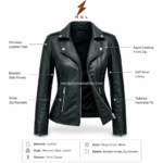 Custom biker leather jacket with braided side panels, silver zip pockets, tailored waist and NGL logo above product