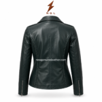 Custom biker leather jacket catalog image with lapel collar, silver zipper pockets, smooth leather surface