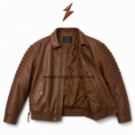 Custom brown leather bomber jacket with visible inner lining and NGL collar label